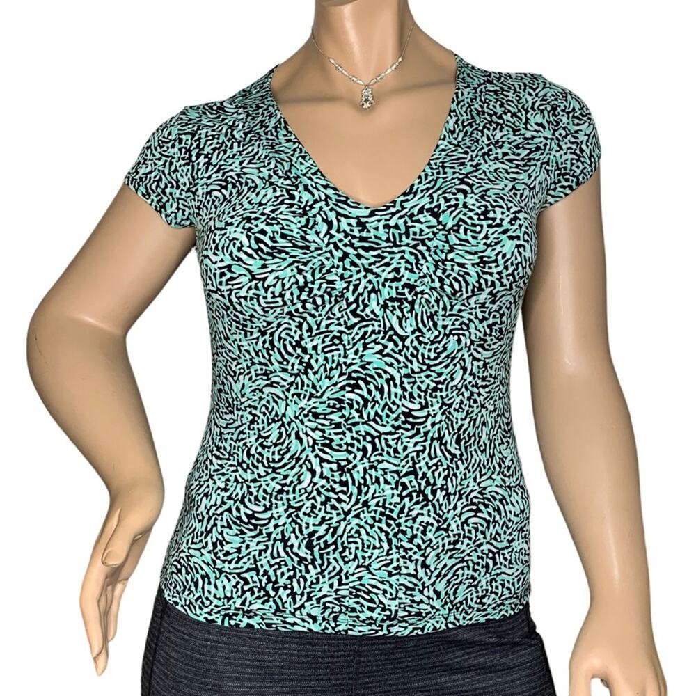 Susan Lawrence Top Short Sleeve V-Neck Black Green and White Size L